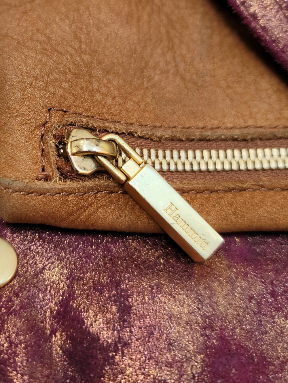 Hammit Leather Fold-Over Crossbody Bag in Brown and Plum with Gold Accents - Picture 13 of 15